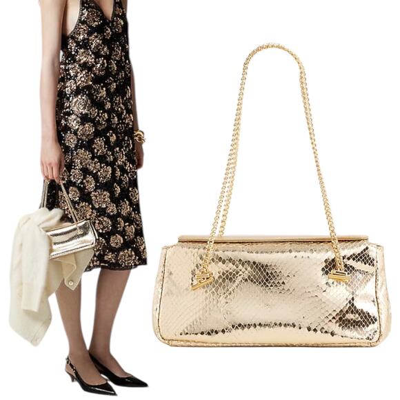 J. Crew Chain Stap Bag Snake Embossed Leather Platinum Gold Chain - Picture 1 of 10